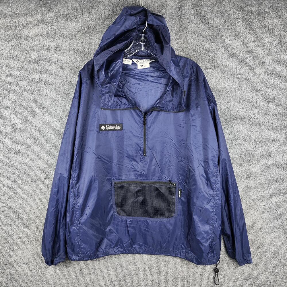 Vintage Columbia Jacket Mens XL Blue Hooded 1/2 Zip Nylon Windbreaker Anorak 90s